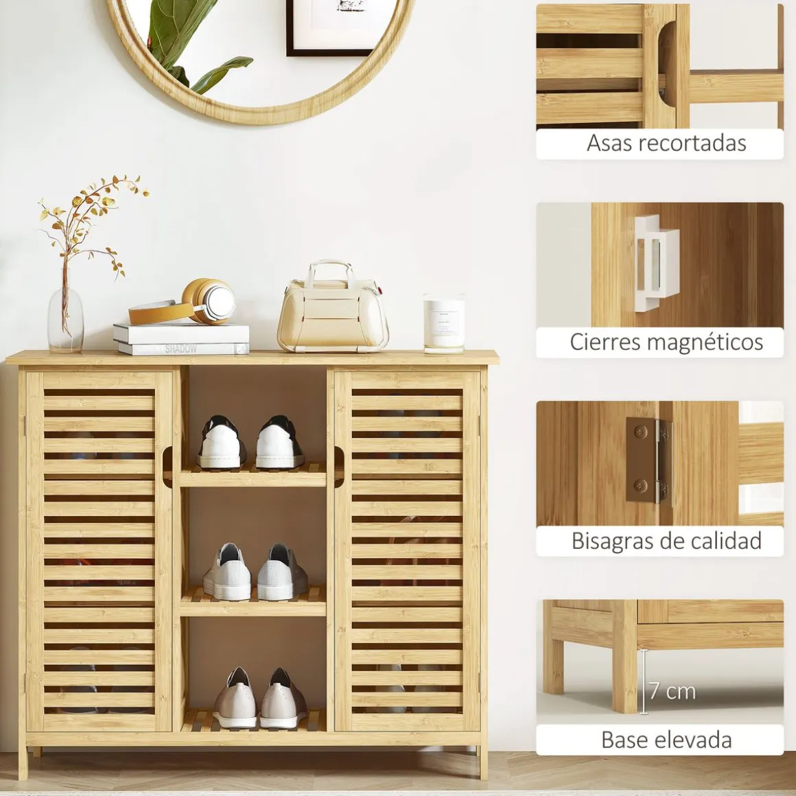 Zapatero Maní Homcom 2 puertas con 3 estantes natural 86x100x33 cm