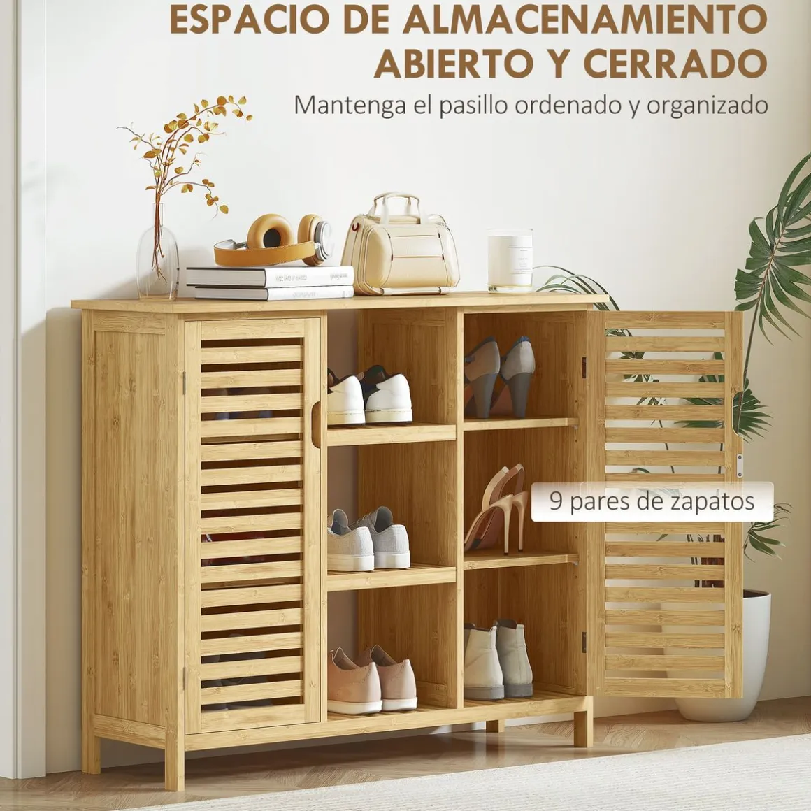 Zapatero Maní Homcom 2 puertas con 3 estantes natural 86x100x33 cm