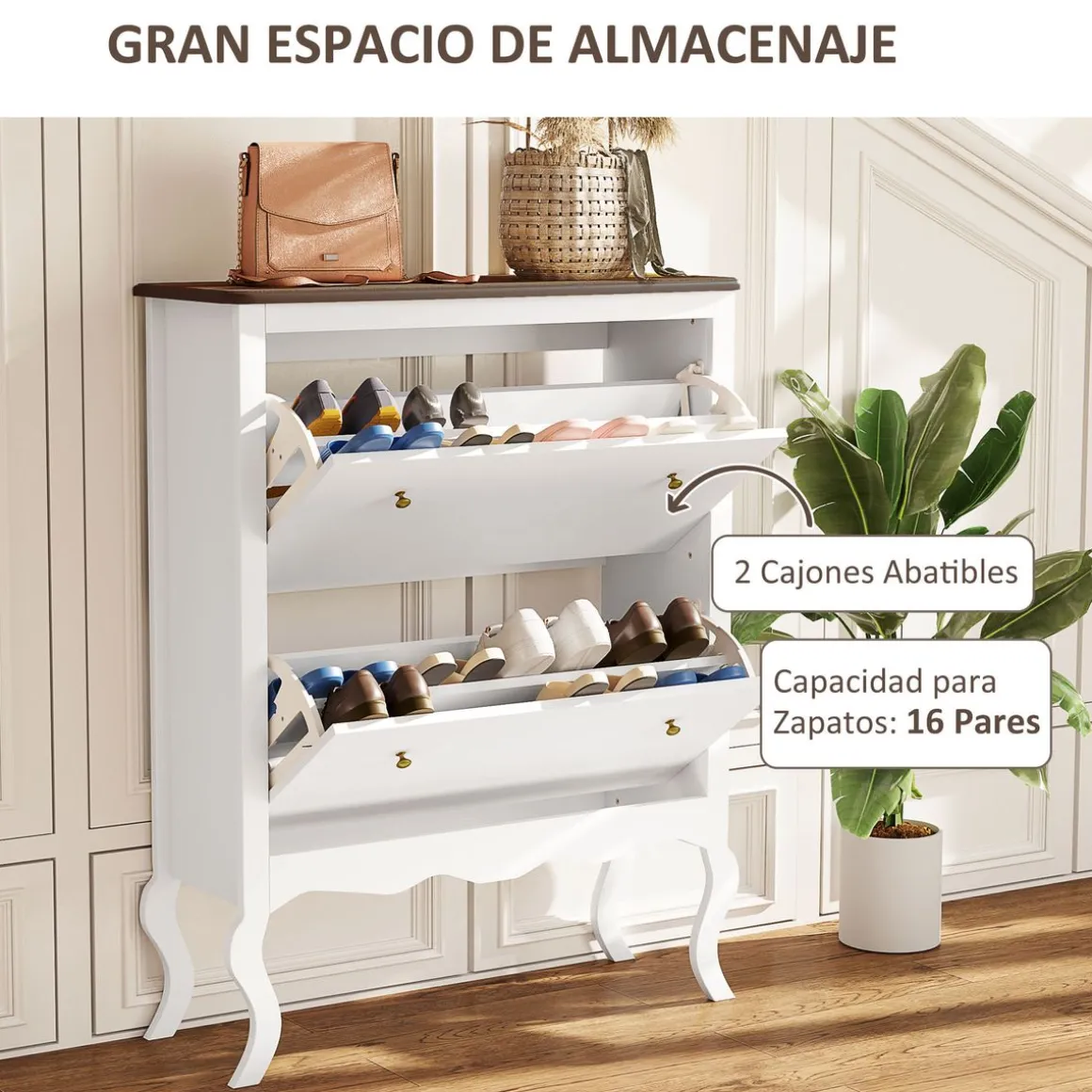 Zapatero Melocotón Homcom 2 cajones abatibles blanco 109x84x29 cm