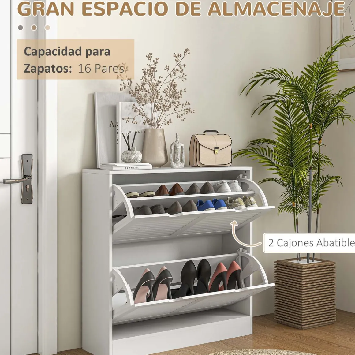 Zapatero Milú Homcom 2 cajones abatibles blanco 83x81,5x25 cm