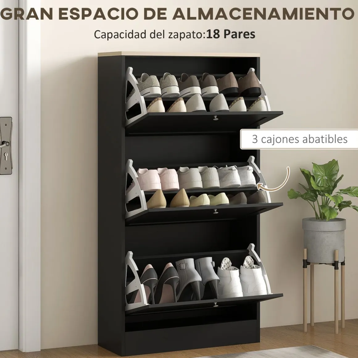 Zapatero Mimbre Homcom 3 cajones abatibles 18 pares negro 115x60x23,5 cm