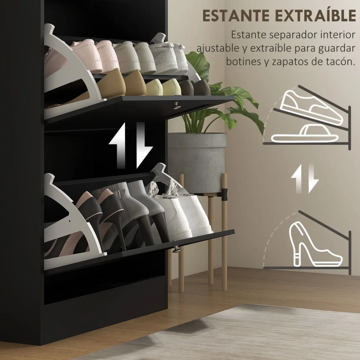 Zapatero Mimbre Homcom 3 cajones abatibles 18 pares negro 115x60x23,5 cm