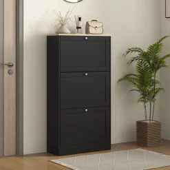 Zapatero Mimbre Homcom 3 cajones abatibles 18 pares negro 115x60x23,5 cm