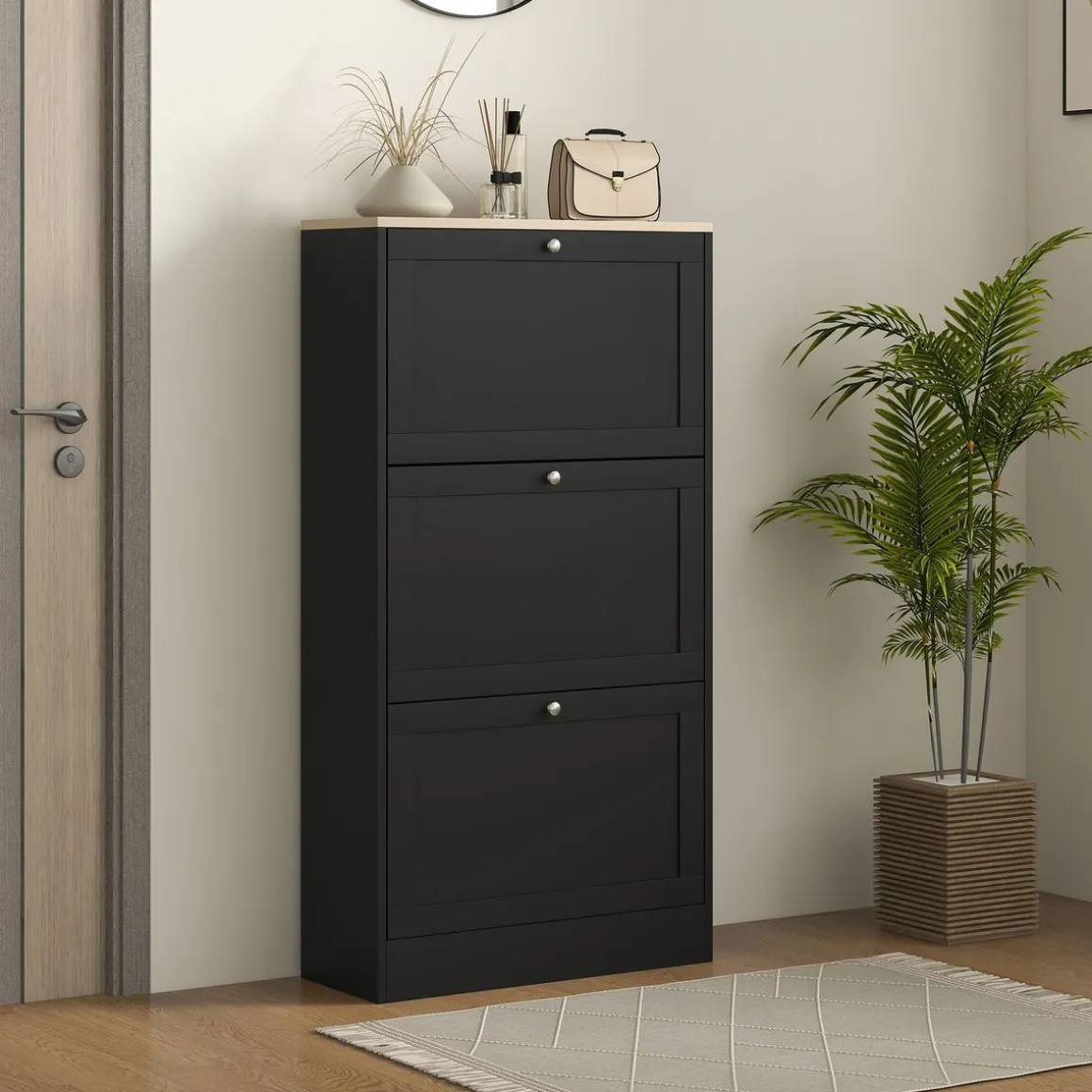 Zapatero Mimbre Homcom 3 cajones abatibles 18 pares negro 115x60x23,5 cm