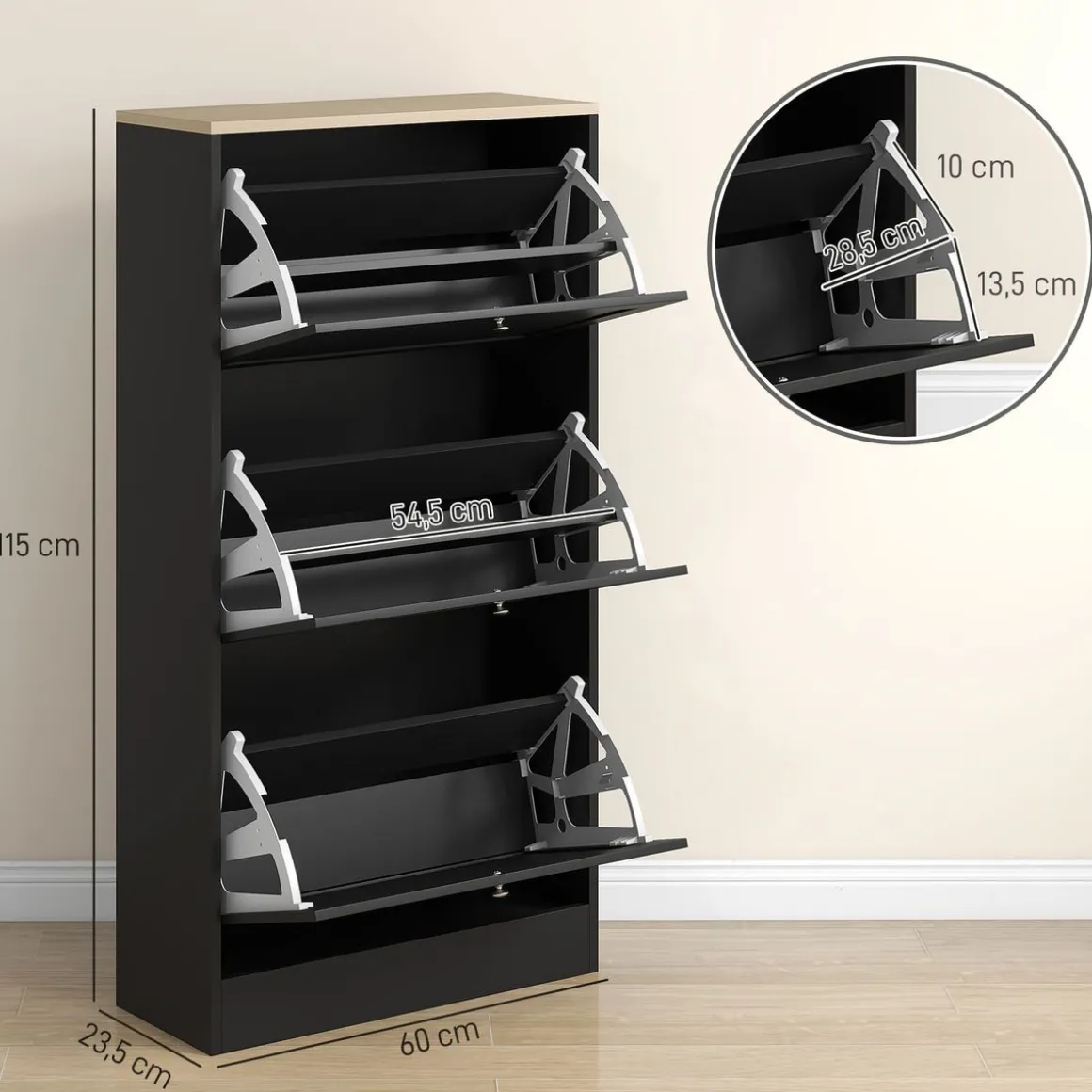Zapatero Mimbre Homcom 3 cajones abatibles 18 pares negro 115x60x23,5 cm