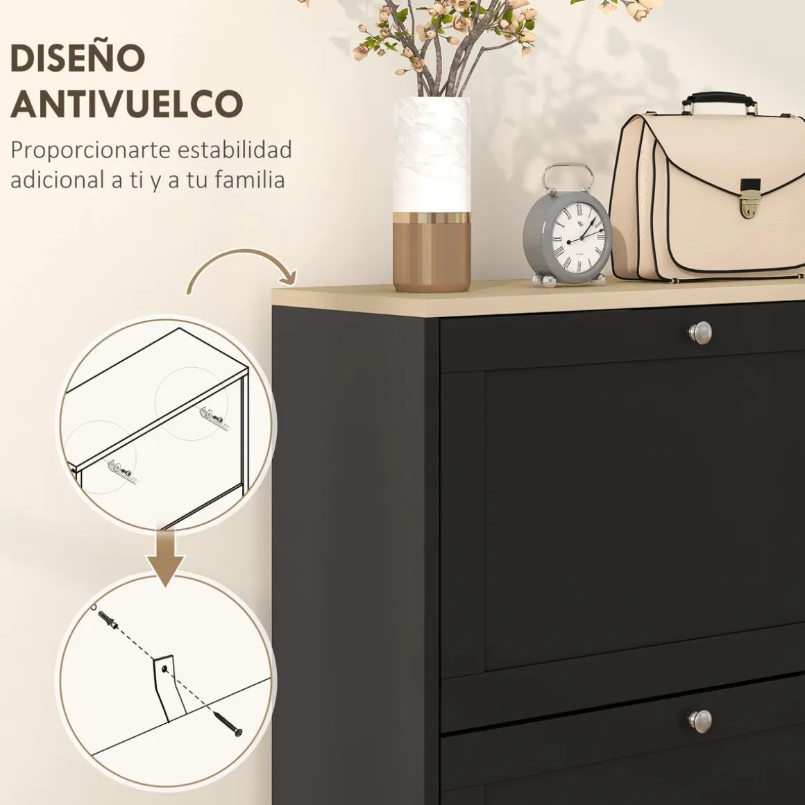 Zapatero Mimbre Homcom 3 cajones abatibles 18 pares negro 115x60x23,5 cm