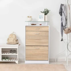 Zapatero Momo Homcom 2 puertas con cajón natural/blanco 105,5x60x24 cm