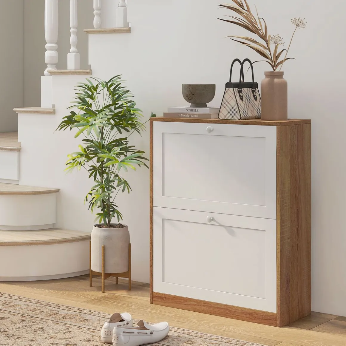 Zapatero Nami Homcom 2 puertas abatibles 12 pares natural/blanco 75,5x60x24,5 cm
