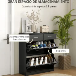 Zapatero Noche Homcom 2 cajones con 2 puertas negro 91,5x80x30 cm