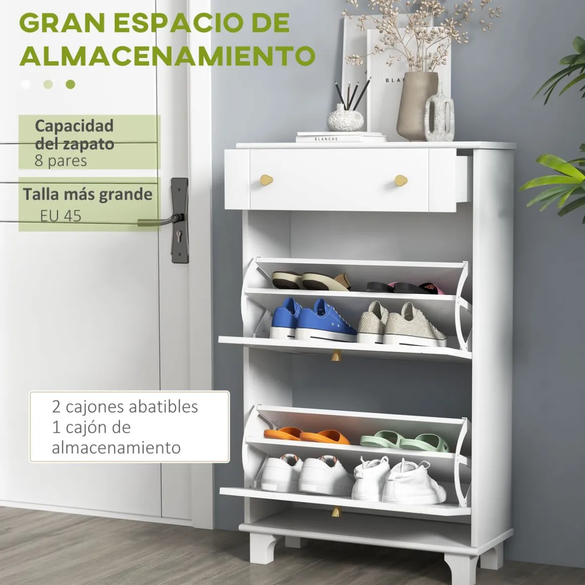 Zapatero Nussa Homcom 2 puertas + cajón 8 pares blanco 98,5x60x23,5 cm