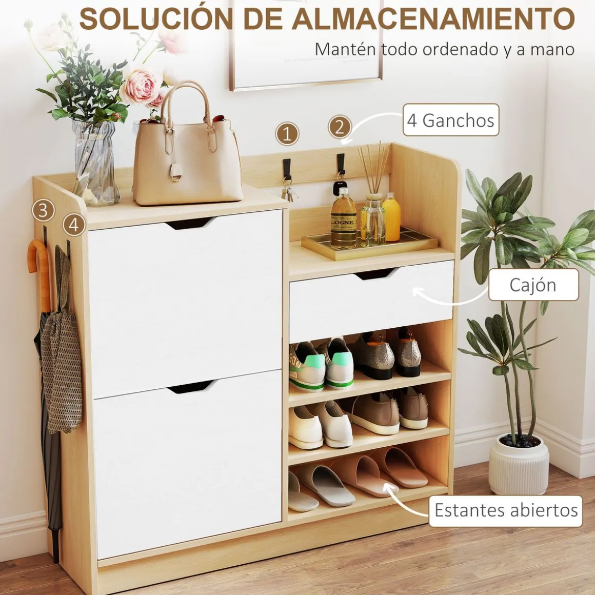 Zapatero Ommio Homcom 2 puertas con cajón 14 pares blanco/natural 90x93x30 cm