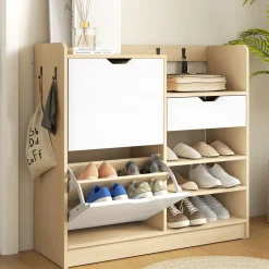 Zapatero Ommio Homcom 2 puertas con cajón 14 pares blanco/natural 90x93x30 cm