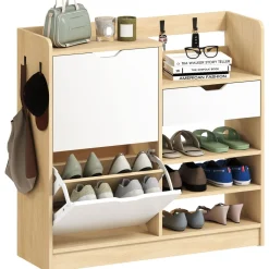 Zapatero Ommio Homcom 2 puertas con cajón 14 pares blanco/natural 90x93x30 cm