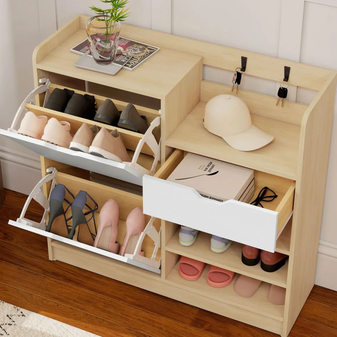 Zapatero Ommio Homcom 2 puertas con cajón 14 pares blanco/natural 90x93x30 cm