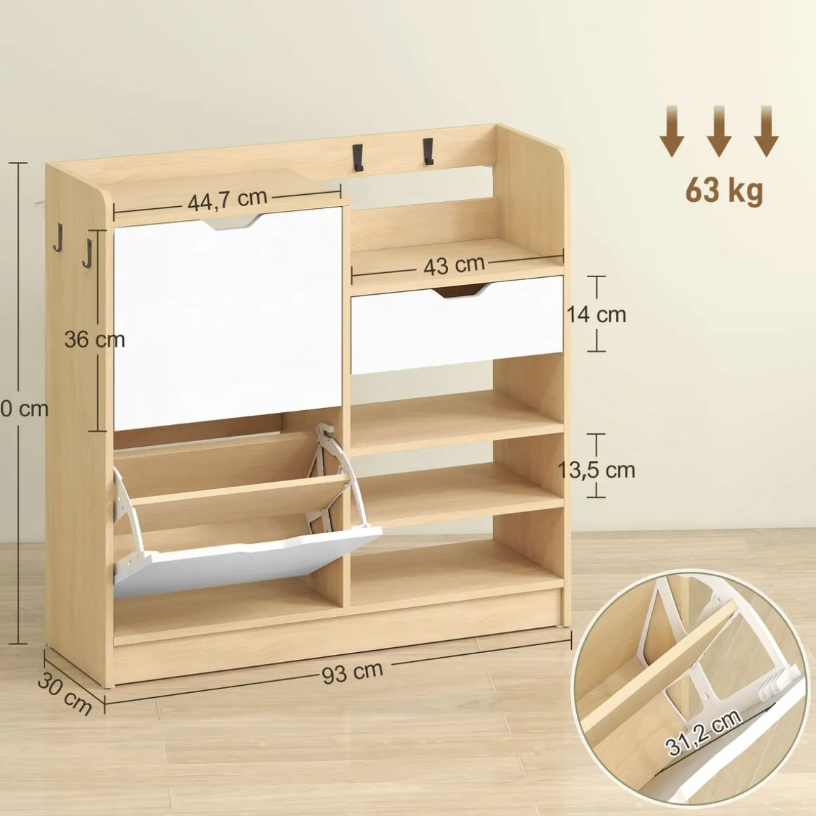 Zapatero Ommio Homcom 2 puertas con cajón 14 pares blanco/natural 90x93x30 cm