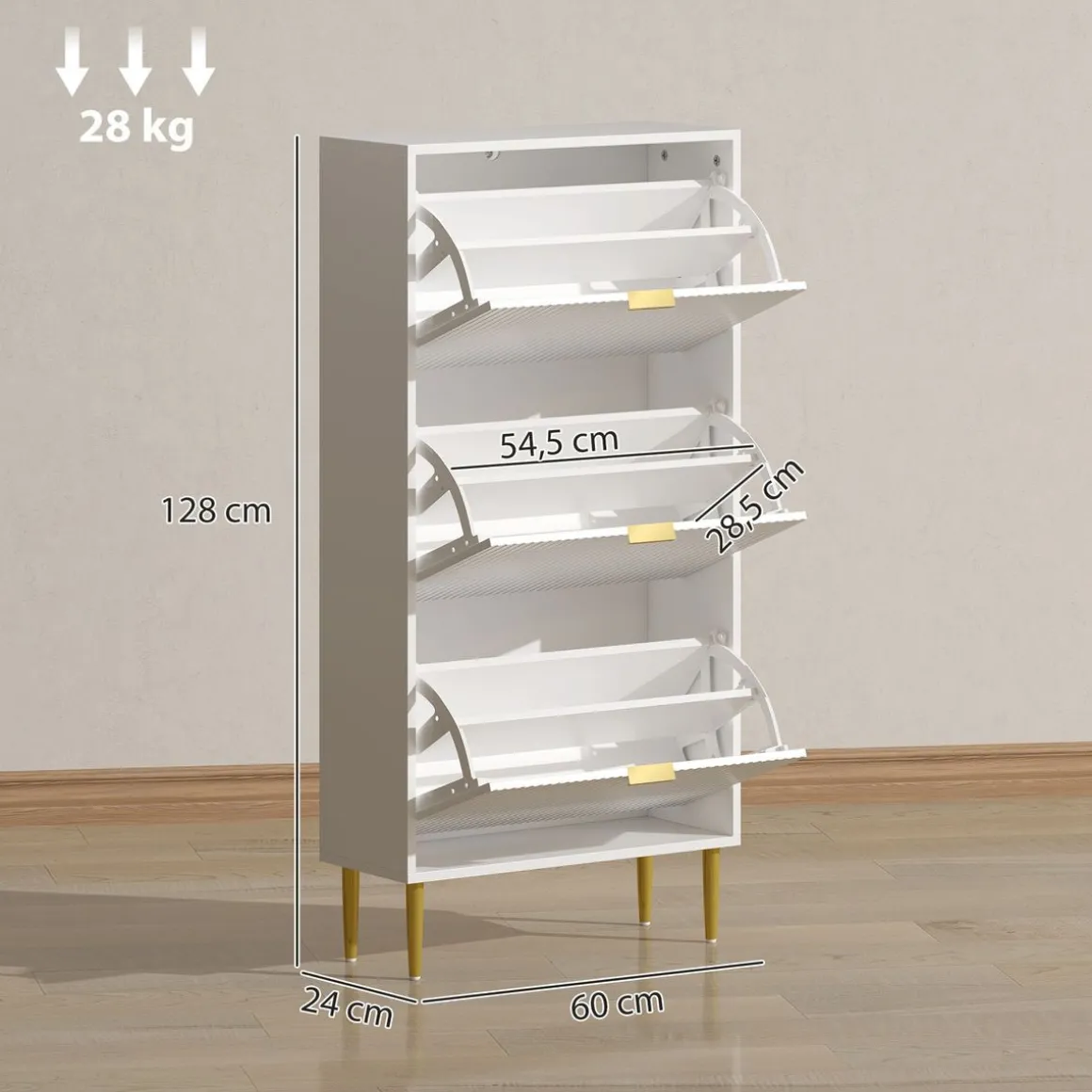 Zapatero Piña Homcom 3 puertas 18 pares blanco 128x60x24 cm