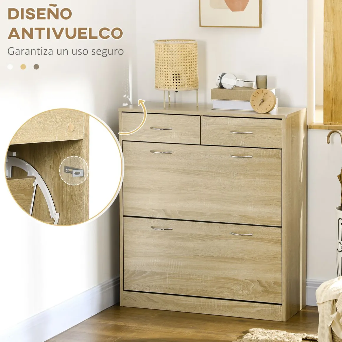 Zapatero Roka Homcom 2 cajones abatibles 12 pares roble 91,5x80x30 cm