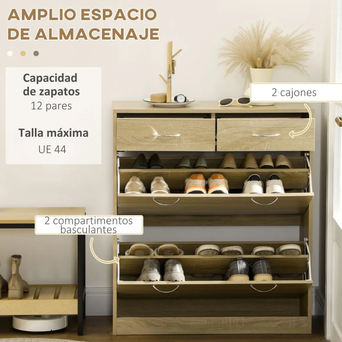 Zapatero Roka Homcom 2 cajones abatibles 12 pares roble 91,5x80x30 cm