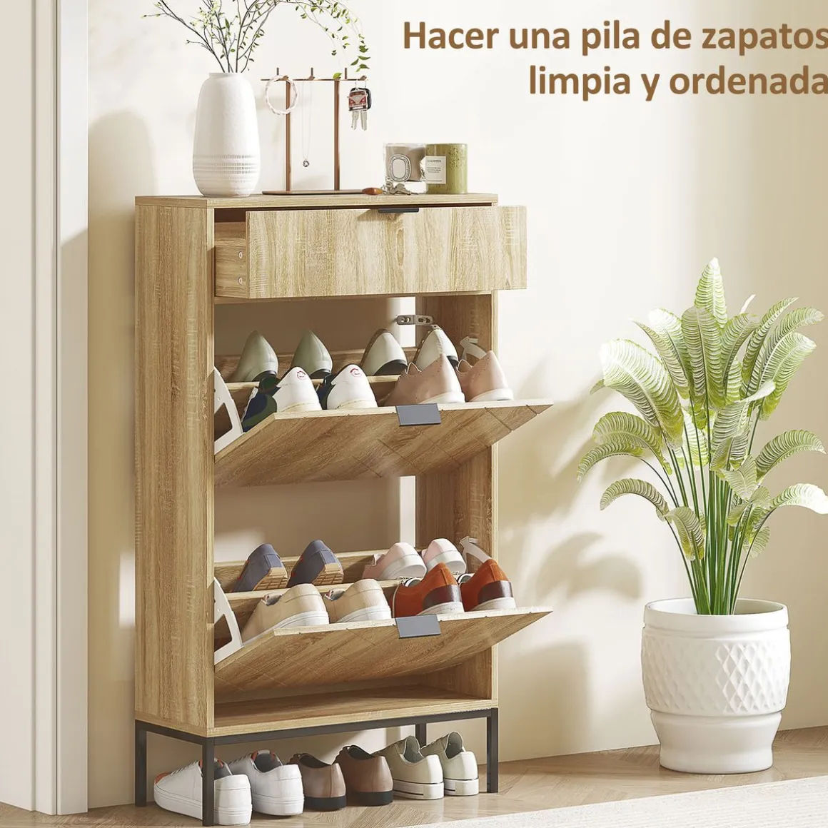 Zapatero Selena 1 cajón + 2 puertas abatibles roble 105,5x60x24 cm