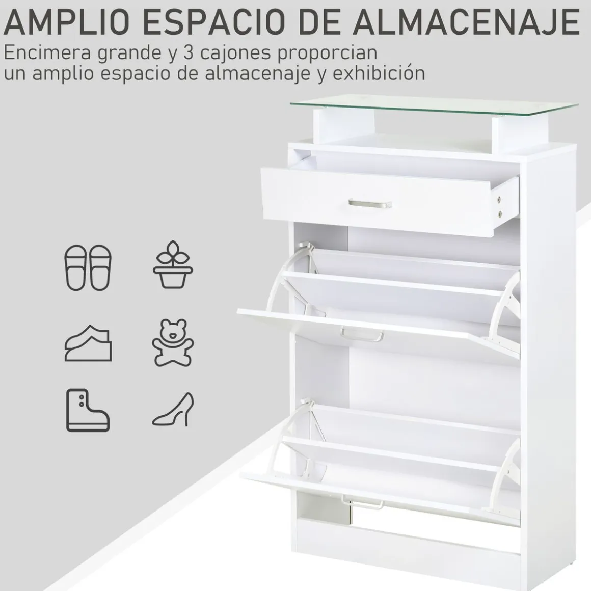 Zapatero Tarsia Homcom 3 cajones + estante blanco 105,5x60x24 cm