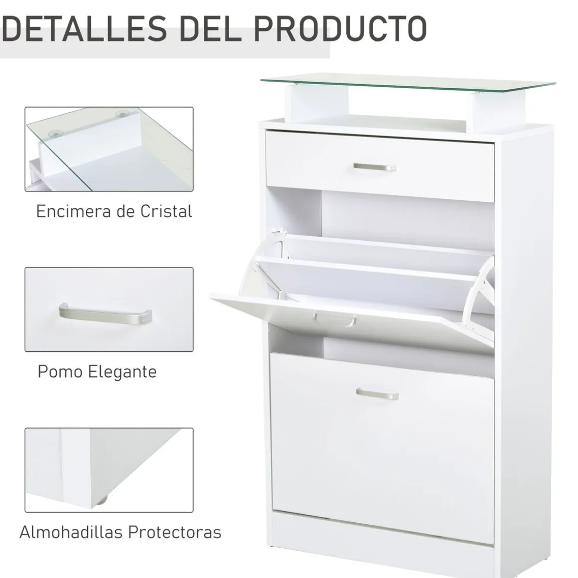 Zapatero Tarsia Homcom 3 cajones + estante blanco 105,5x60x24 cm
