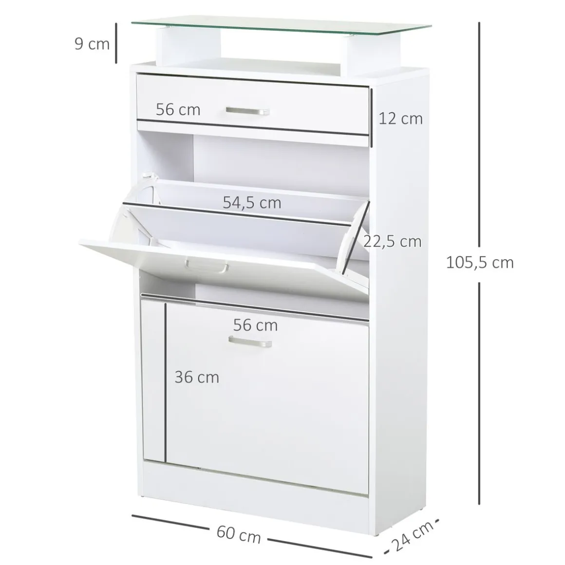 Zapatero Tarsia Homcom 3 cajones + estante blanco 105,5x60x24 cm