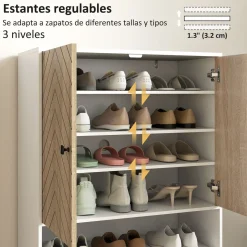 Zapatero Therian Homcom 2 puertas + estante blanco/natural 97x75x35 cm