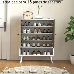 Zapatero Therian Homcom 2 puertas + estante blanco/natural 97x75x35 cm