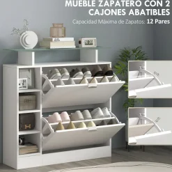 Zapatero Toby Homcom 2 cajones + 4 estantes + repisa blanco 92x89x25 cm